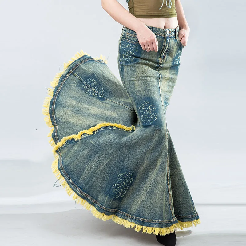 2020 Woman Clothes Vintage Retro Style Sexy Jeans Slim Bag Hip Denim Stitching Mermaid Fishtail Ladies Long Skirts for Womens