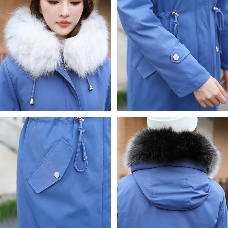 

Korean Style Women's Winter X-long Coat Hooded Slim Wool Liner Female Jackets With Fur Collar Solid Plus Size Thick Parkas Woman