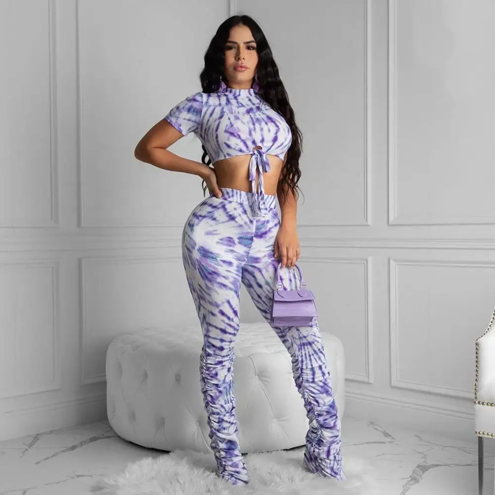 

European summer digital print two piece fashion fit o-neck short sleeve vest and pants women's suit