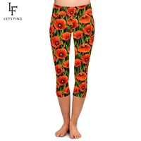 letsfind summer new 3d beautiful poppies print capri leggings high waist plus size soft fitness mid calf stretch leggings