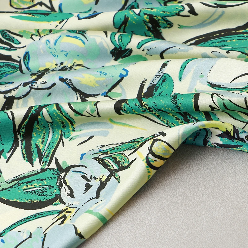 

100% Acetic Acid Women Summer Satin Skirts Elegant High Waist Floral Printed Office Lady Slim Knee-length Skirt Green Black