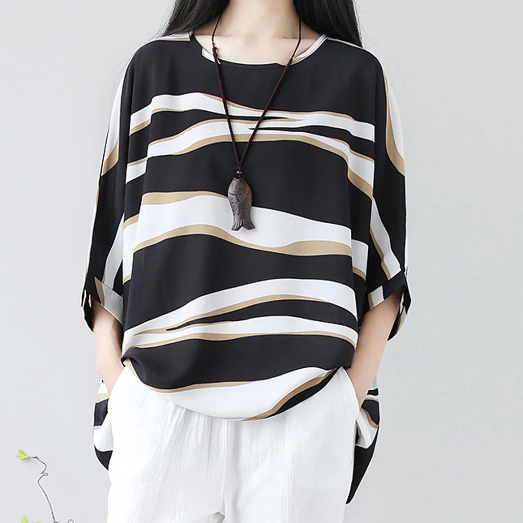 Модная женская футболка из хлопка и льна повседневная Осенняя в полоску с