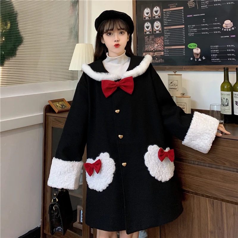 

Japanese Sweet Soft Girl Coat Kawaii Sailor Collar Bow Full Sleeve Cute Heart-shaped Pocket Keep Warm Thicken Christmas Outerwea