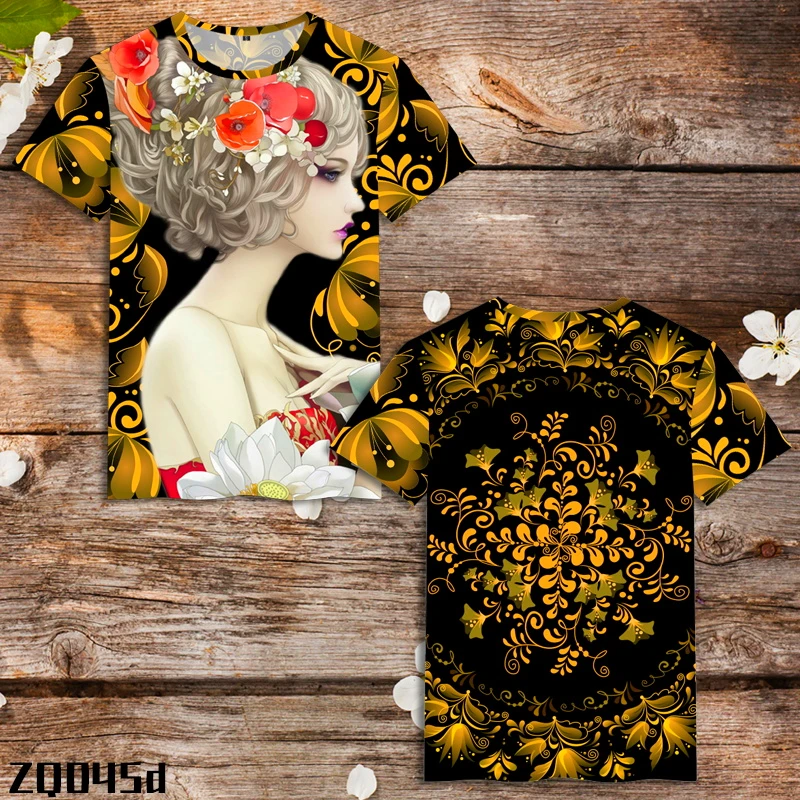 

3d Printing Short-Sleeved Flowers T-Shirt Men's Trendy Clothes Half-Sleeved T-Shirt Summer Blue And White Porcelain Gold 2021