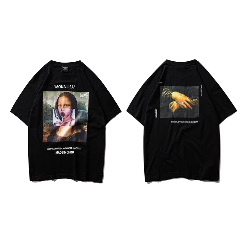 Tide/Брендовые мужские Забавные футболки с коротким рукавом с принтом Mona Lisa, уличная одежда, летняя футболка в стиле Харадзюку в стиле хип-хоп, модная мужская футболка - Цвет: Black