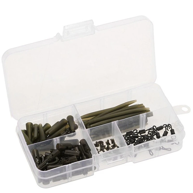 

100Pcs Carp Fishing Accessories Kit Anti Tangle Sleeves Tail Rubbers Safety Lead Clips Quick Change Swivels with Box