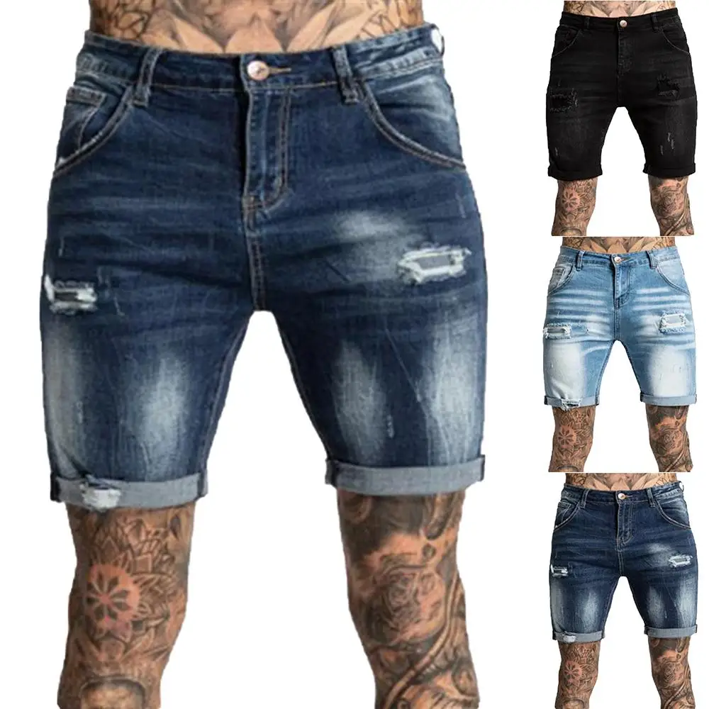 

Button Men Ripped Denim Shorts Plus Size Male Solid Color Jeans Pants
