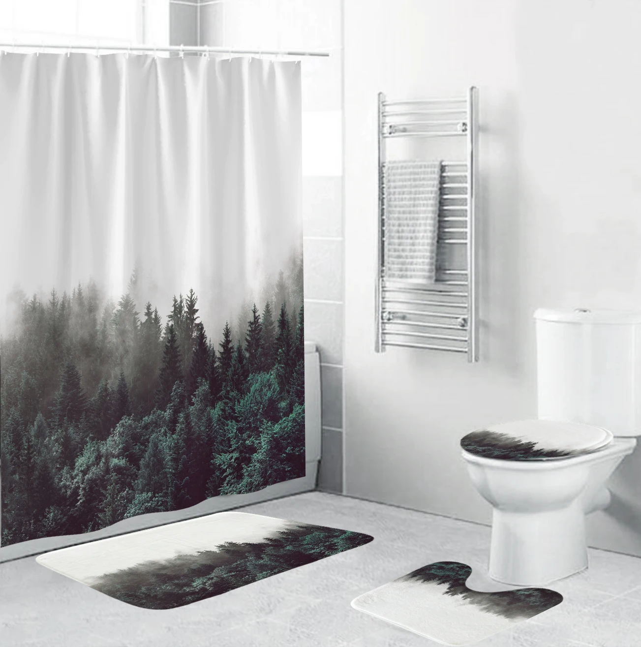 

High Quality Mist Forest Trees Pattern Fabric Shower Curtain Bathroom Curtains Non Slip Rugs Carpet Toilet Flannel Bath Mat Set