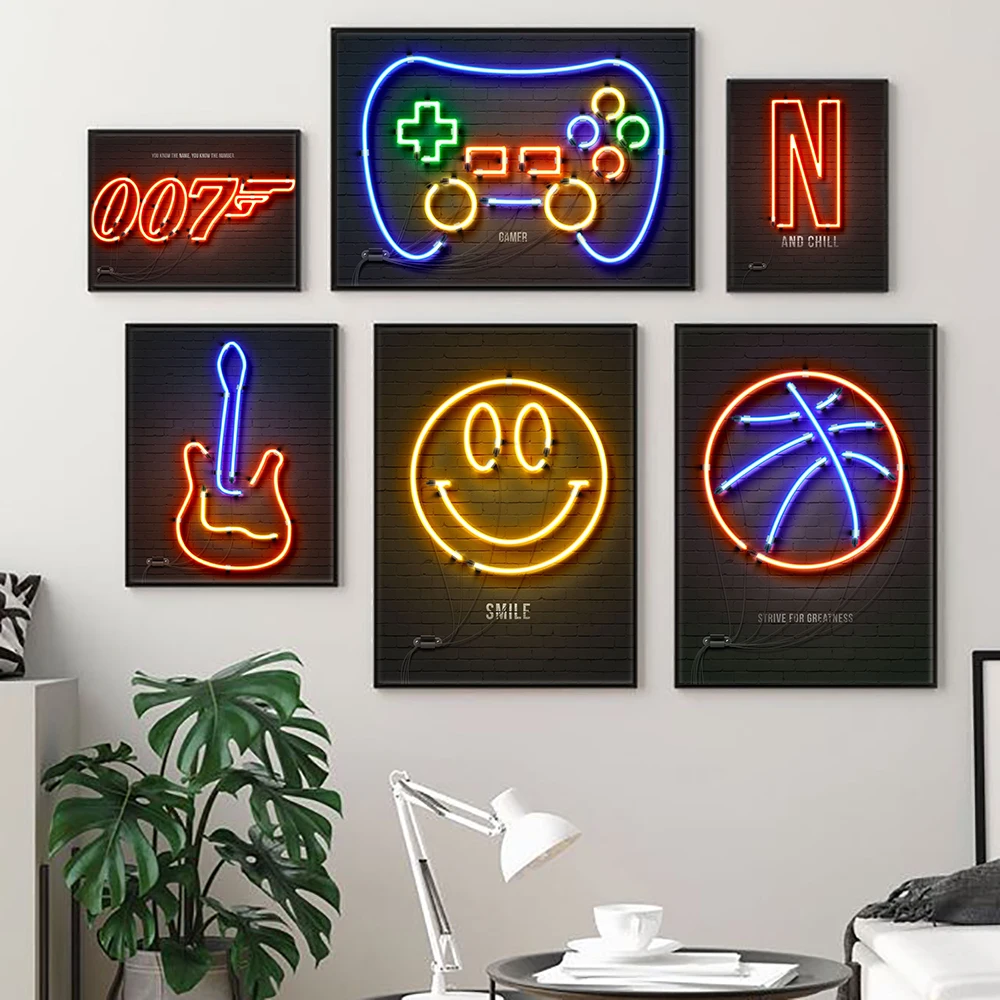 

Gamer Neon Light Poster Prints Retro Audio Cassette Guitar Neon Sign Wall Art Picture Basketball Canvas Painting Boy Room Decor