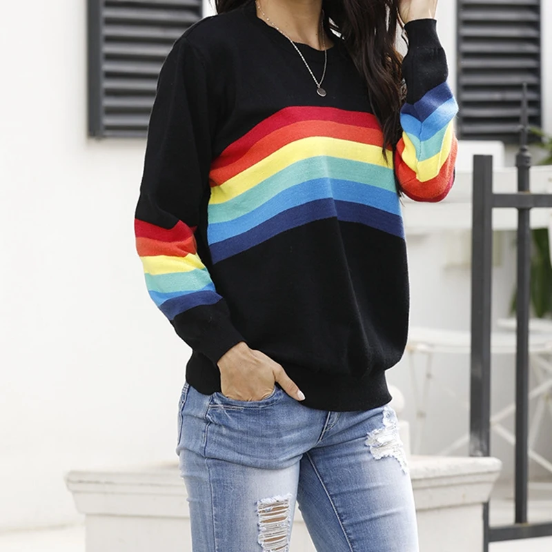 

Woman Rainbow Striped Knitted Pullover Sweaters Long Sleeve O Neck Casual Jumper Oversized Loose Knitwear