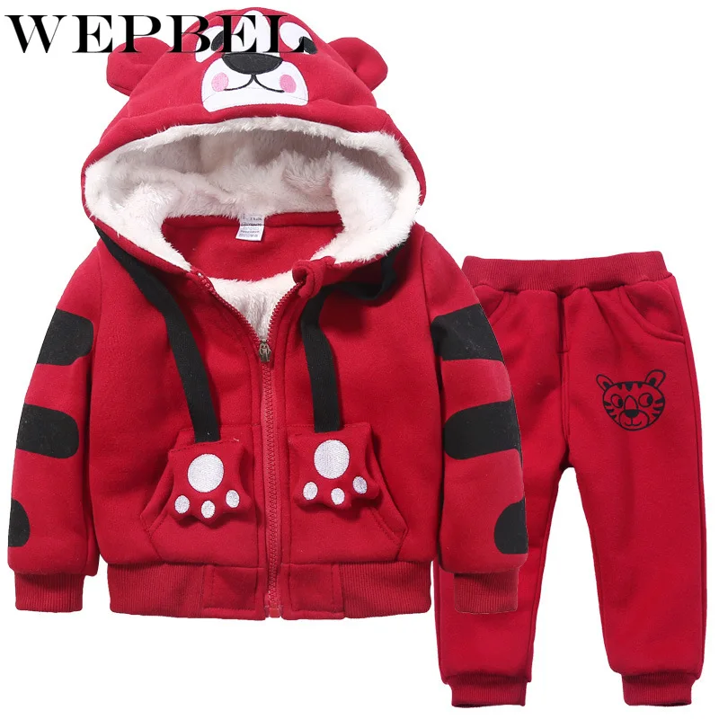 WEPBEL Cute Boys Girls Cartoon Tigers Clothing Suits Baby Plus Velvet Hoodies Pants 2Pcs Sets Kids Toddler Winter Sports Clothes | Детская