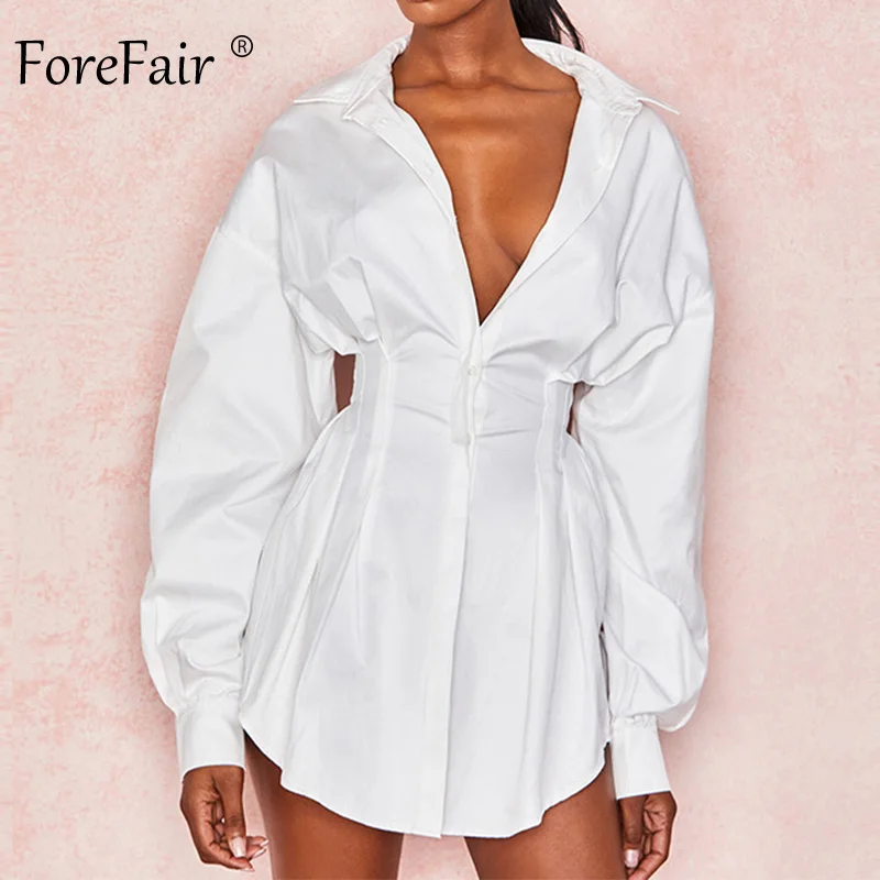 White Dress Forefair, Сексуальное мини платье-рубашка большого размера, белое, v-образный вырез, рукав-фонарик, туника, тонкое осеннее платье с длинным рукавом для женщин - Цвет: White Dress