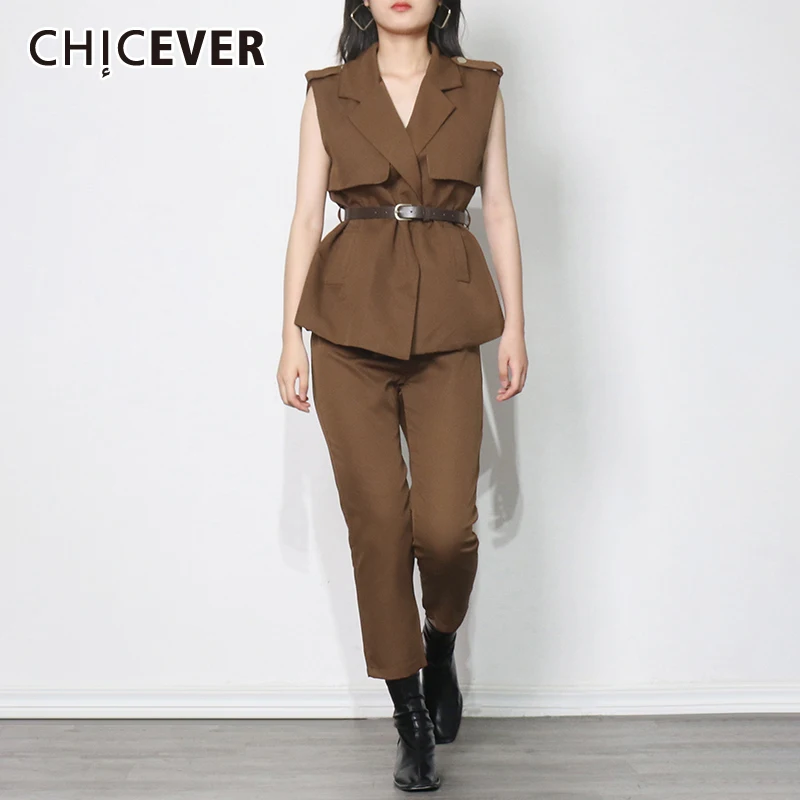 

Повседневный однотонный брючный костюм CHICEVER для женщин, с отворотом, без рукавов, с поясом, с высокой талией, свободные брюки, женская модная...