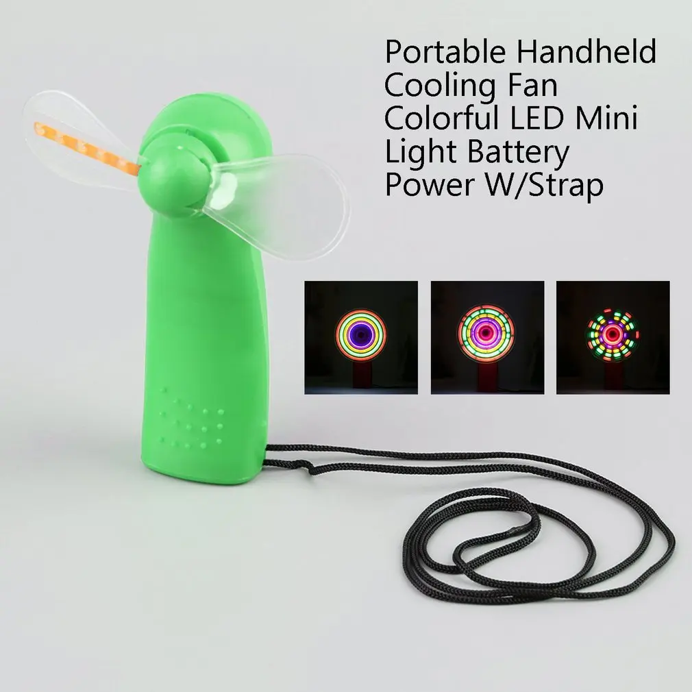 

Portable Handheld Cooling Fan Colorful LED Mini Light Battery Power W/Strap Brand New