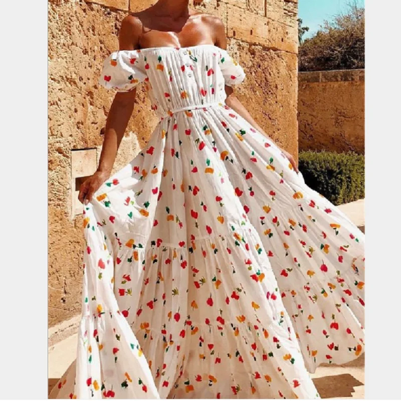 Платье женское длинное с открытыми плечами пикантное пляжное в стиле бохо