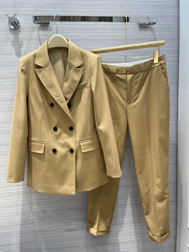

Luxury Brand Commute Suit Pants Set for Women Autumn 2021 Double Breasted Big Pocket Suit Coats with High Waist Slim Pants Lady