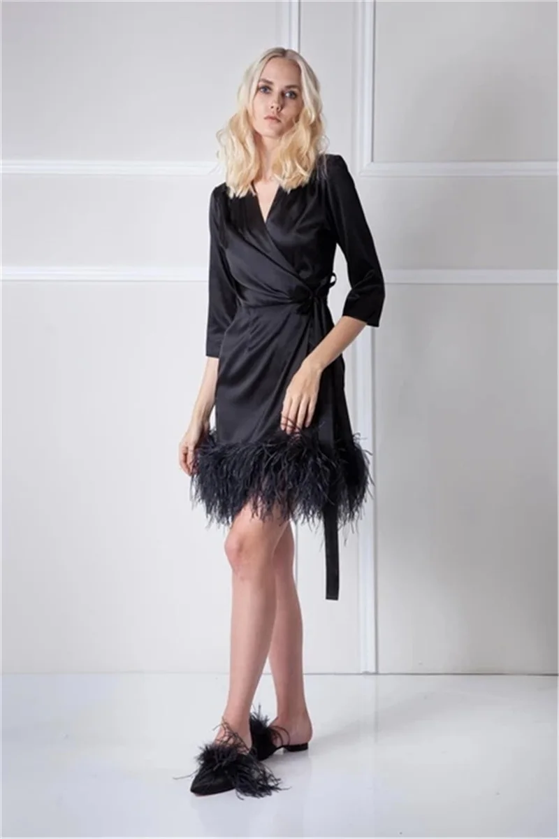 

Feather Black Night Robe V Neck 3/4 Sleeves Party Sleepwear Custom Made Mini Above Knee Length Nightgowns Robes