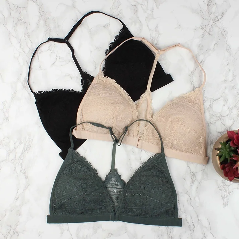 

Thin Lace Front Closure Bras Wireless Women Lingerie Push Up Seamless Adjustable Plus Size Backless Bralette Underwear Brassiere