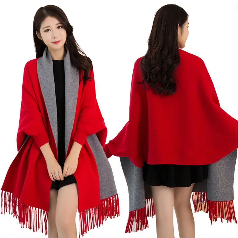 Зимнее черное пончо женские шали и палантины с рукавом тёплый шарф из пашмины