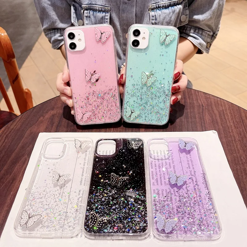Gradient Flashing Diamond Butterfly Phone Case For OPPO Reno 6 5 4 3 2 Ace SE Z K F Lite Pro Plus Transparent Cover images - 6