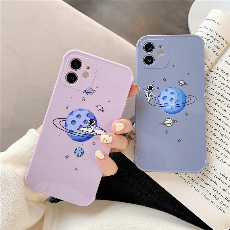 

Astronaut Planet Stars Candy Color Phone Case For iPhone 11 12 Pro Max Mini X XS XR 7 8 Plus SE 2020 Shockproof Lens Protected