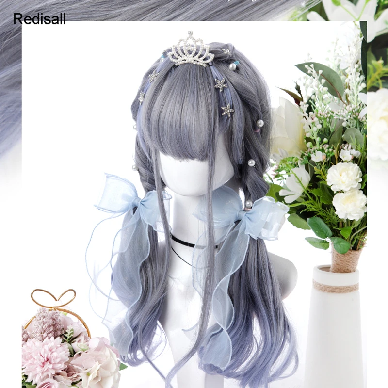 

Gradient Gray Blue Harajuku Lolita Wig Sweet Long Curly Synthetic Hair Wavy Fringe Bangs Adult Girls