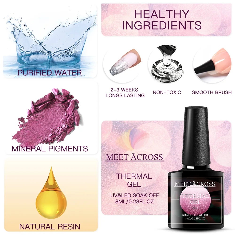 

MEET ACROSS 3Pcs Thermal Color Changing Gel Nail Polish Glitter Temperature Soak Off UV Gel Varnish 8ml Nail Art