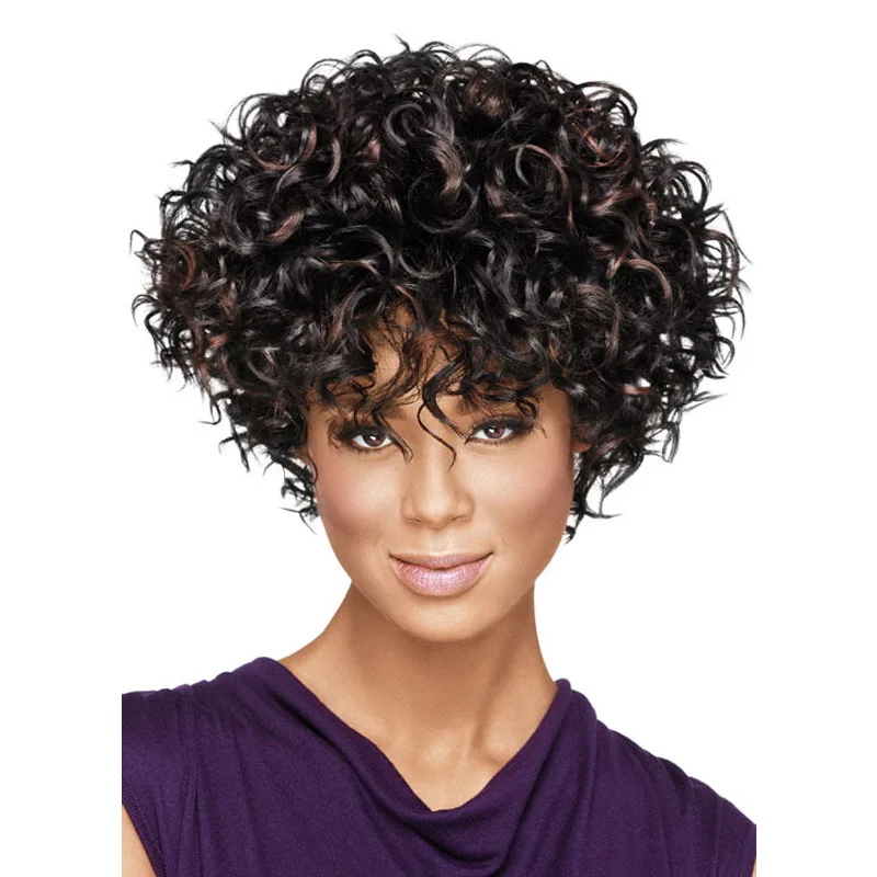 

Ladies Short Curly Synthetic Wig With Bangs Nature Wavy Wig Omber Black Brown Nature Looking Daily Party Use For Women