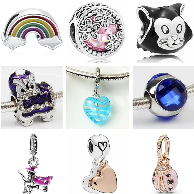 

European DIY Chili Flowers Wolf Cat Rainbow Hearts Pendants Beads Fit Original Brand Charms Bracelets & Bangles for Women
