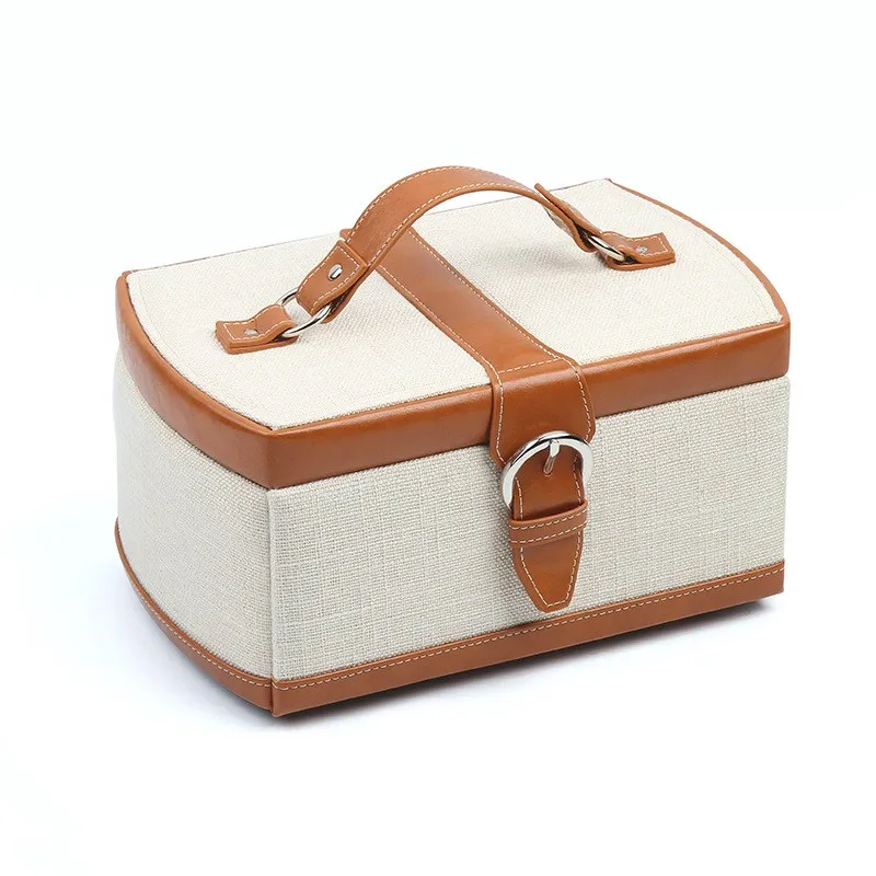 HOSENG Retro Classical Big Jewelry Case Three Layers With Mirror Noble Women PU Leather Linen Earring Ring Storage Box HS_323