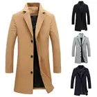 Модное мужское зимнее однобортное пальто с лацканами, длинное пальто, мужское длинное пальто, однотонное зимнее флисовое пальто