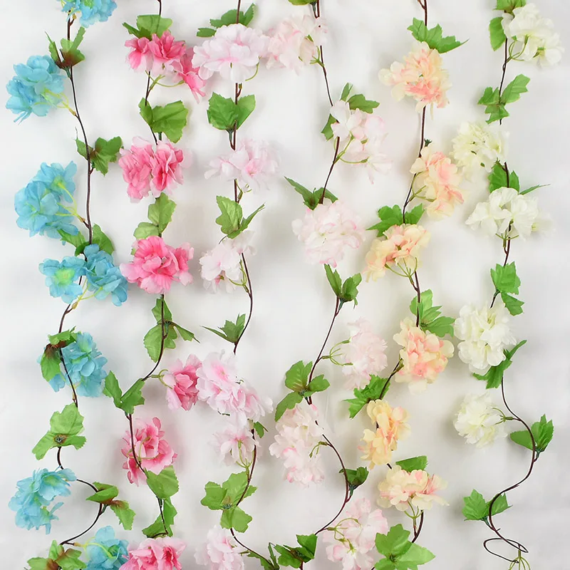 225cm Artificial Silk Flower Vine Pretty Pink Cherry Blossom Rattan Green Leaves String Garland for Wedding Home Decoration | Дом и сад