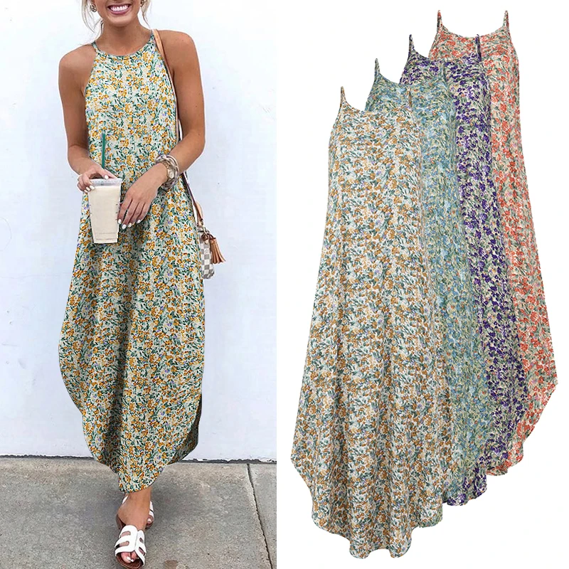 

Printed Maxi Dresses Bohemian Sexy Sleeveless Sundress Women Causal Halter Summer Beach Dress Asymmetric Long Dresses 5XL