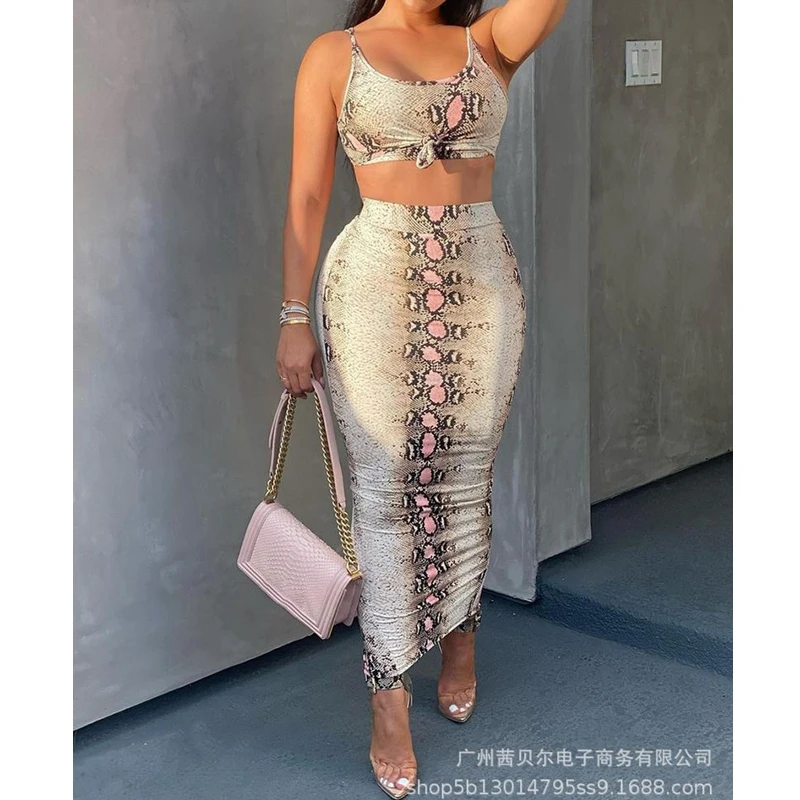 

WEPBEL Women's Casual Snake Print Slim Suit Summer Sexy High Waist Skirt + O-Neck Backless Spaghetti Strap Lace-up Vest Suit