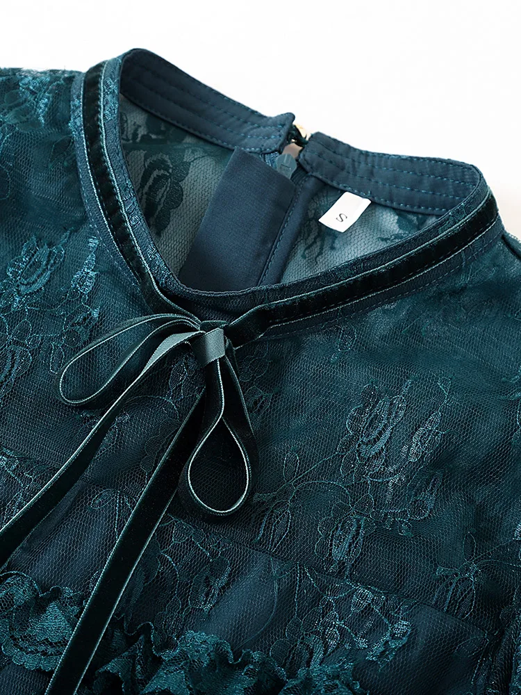 

New Autumn Elegant Ruffles Lace Patchwork Pleated Long Dress Women Runway O-neck Long Sleeve Maxi Dress Red/Black/Green