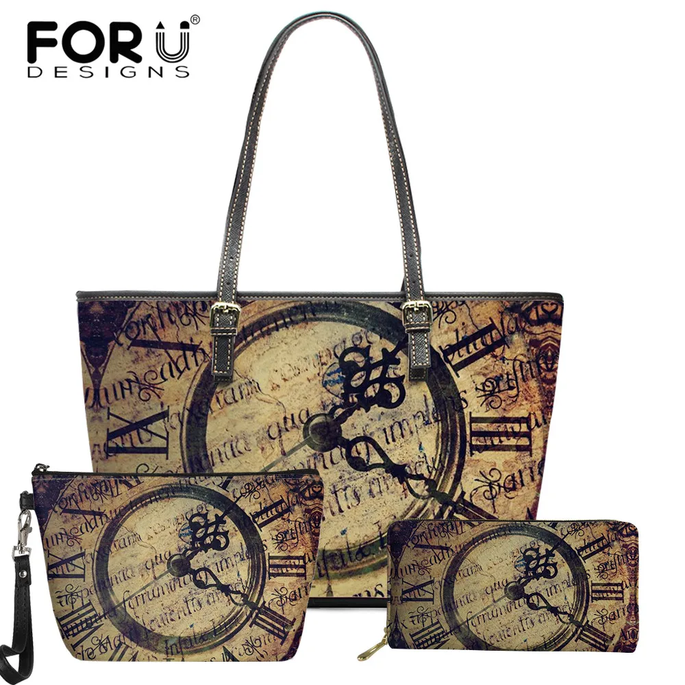 

FORUDESIGNS Luxury Ladies Portable Leather Tote Bag Large Capacity Shoulder Bag Retro Clock Pattern Fashion Handbag for Women