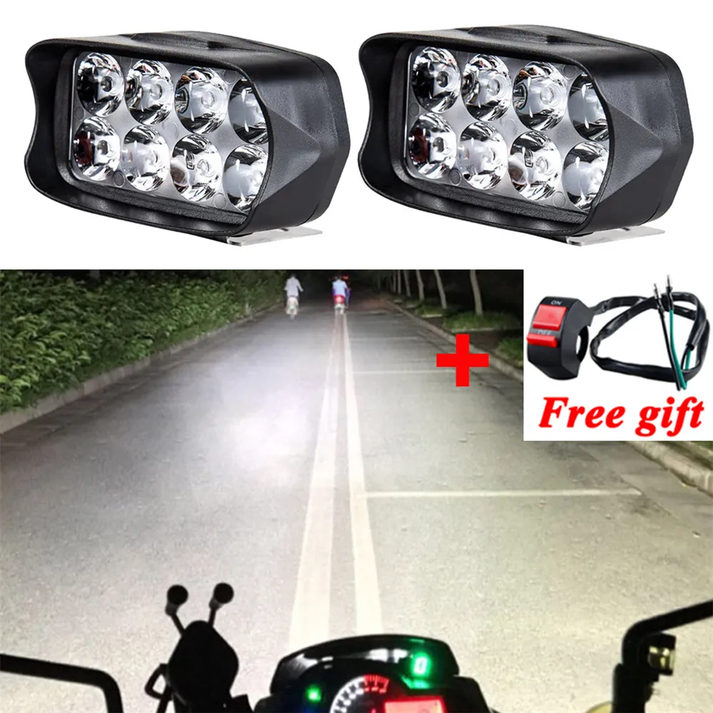 

2pcs 8 LED 12W Motorcycle Motorbike Headlight Fog Spot Lights Bulb&Switch Set 6000K White LED Spot Headlight With On/Off Switch