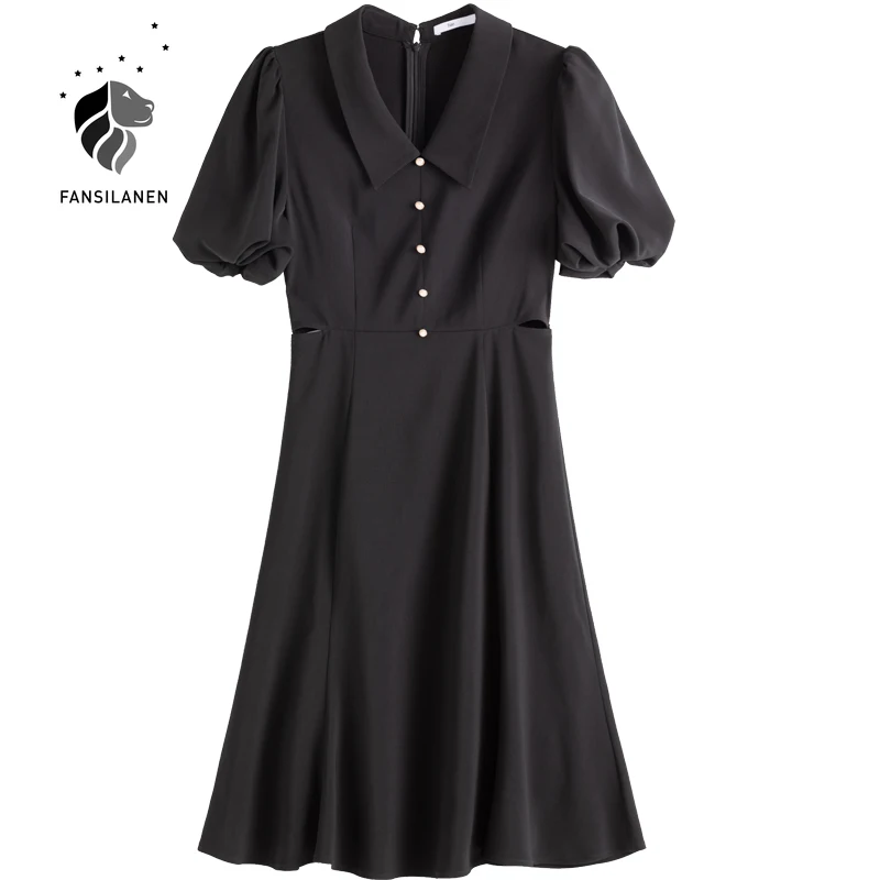 

FANSILANEN Office Lady French Puff Sleeve Black Yellow V-Neck Dress Women Summer 2021 New Retro Fishtail A-Line Dress