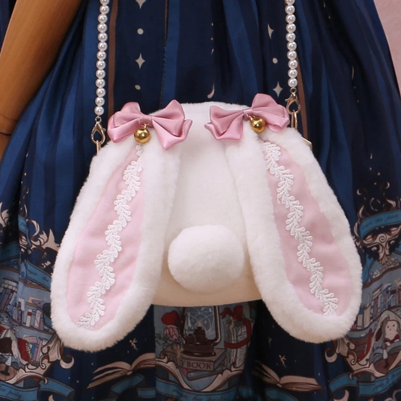 

Cute Plush Rabbit Lop Ears Satchel Crossbody Bag Toys Lolita Kawaii Bunny Tail Bow Bells Handbag Messenger Bag