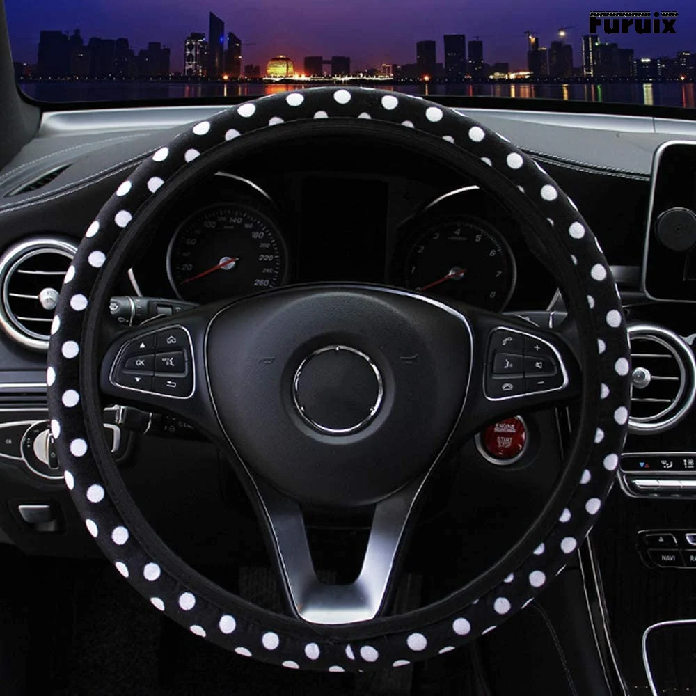 

38cm Cute Soft Retro Classic Dots Spots Cloth Flowers Steering Wheel Cover for Women Car Styling Interior Car Accessories