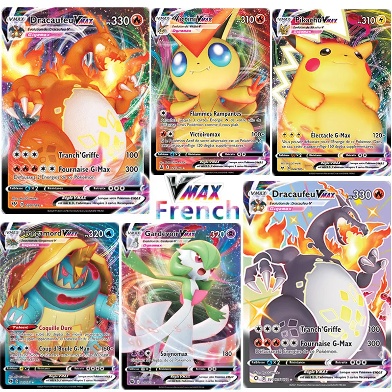 Pokemon French Cards 100 шт. VMAX Charizard Pikachu Dracaufeu EX MEGA GX ENERGY Victini Rading Card Game CollectionToys|Коллекционные