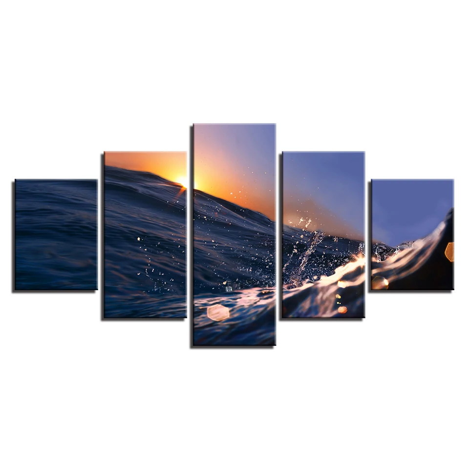 

Framed Home Decor Canvas HD Prints Wall Art Pictures 5 Pieces Sunrise Sunshine Sea Waves Paintings Home Decor Seascape Poster