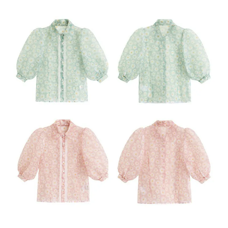 

Women Mesh Sheer Chiffon Blouse See-through Lantern Half Sleeve Blouse Fashion Button Daisies Shirt Female Blusas Plus Size Tops