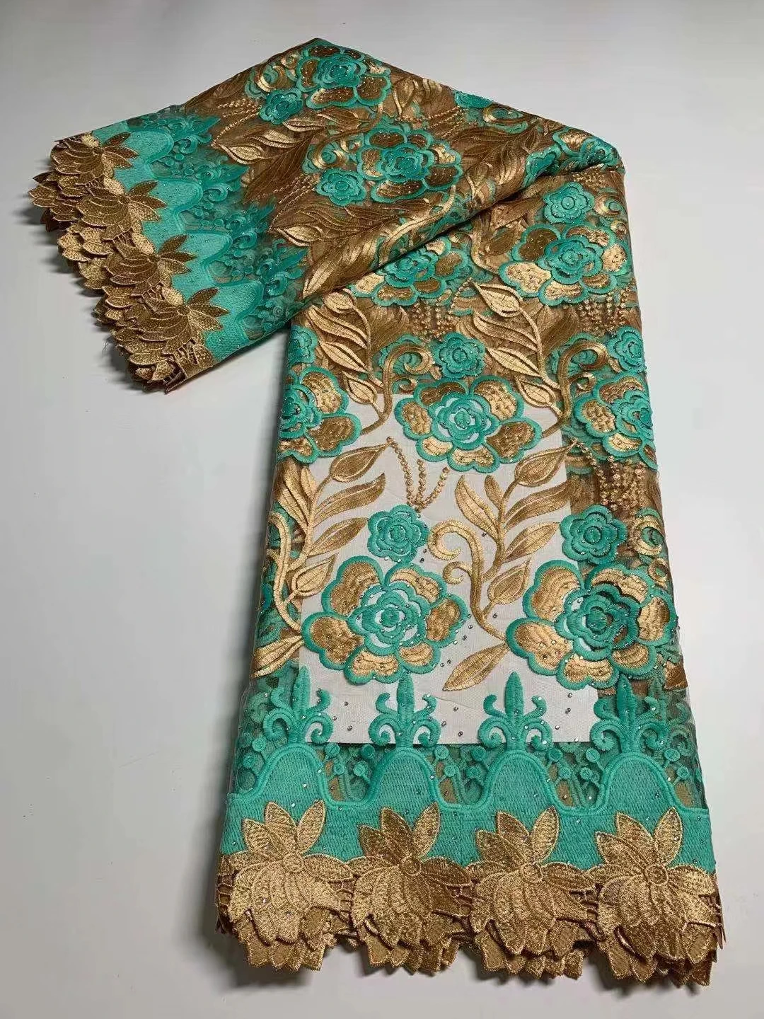 

African Lace Fabric stones Embroidery Lace Fabric Gold Water Green Swiss Voile Lace Fabrics For Wedding Dress Sewing