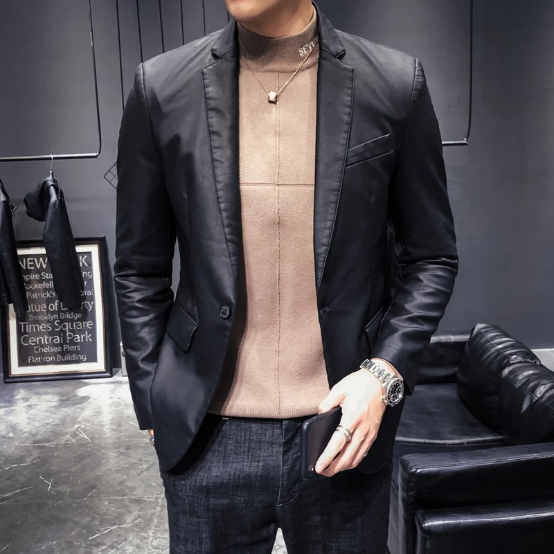 

2021 Spring Autumn New Men's Fashion Suit Leather Jacket Men High Quality Classic Black Business Casual Slim Leather Suit S-5XL