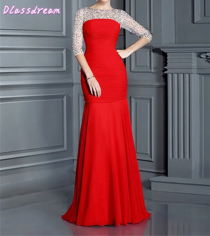 Ярко красное платье для выпускного вечера в пол с полурукавами бусинами топ