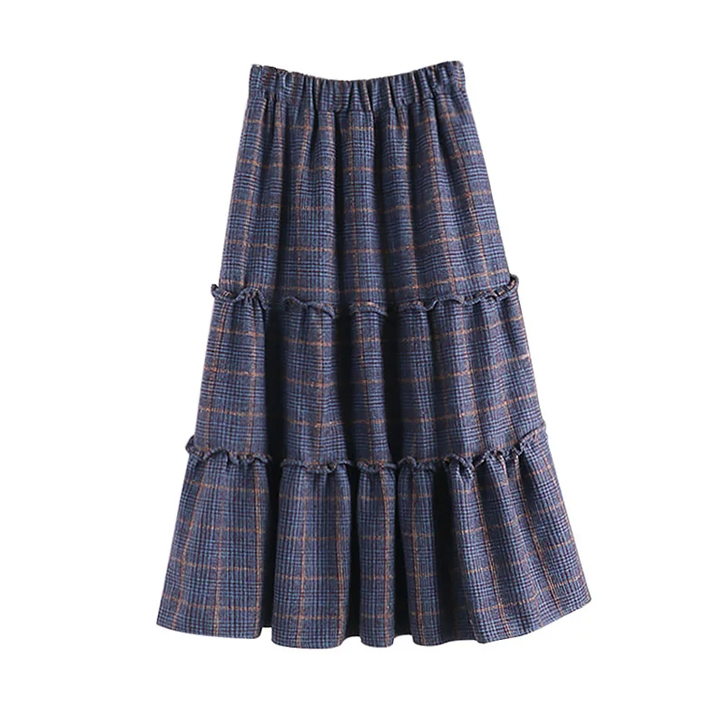 

Autumn and winter new Korean style casual double-layer splicing lace plaid skirt retro woolen women's skirt 683