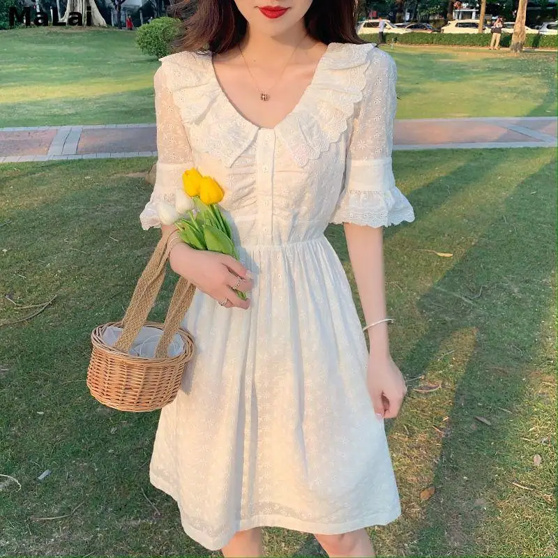 

Elegant Dresses For Female White V-Neck Button Slim Mini Dress Korea Summer 2021 Beach Office Lady Kawaii Thin Women Fairy Dress