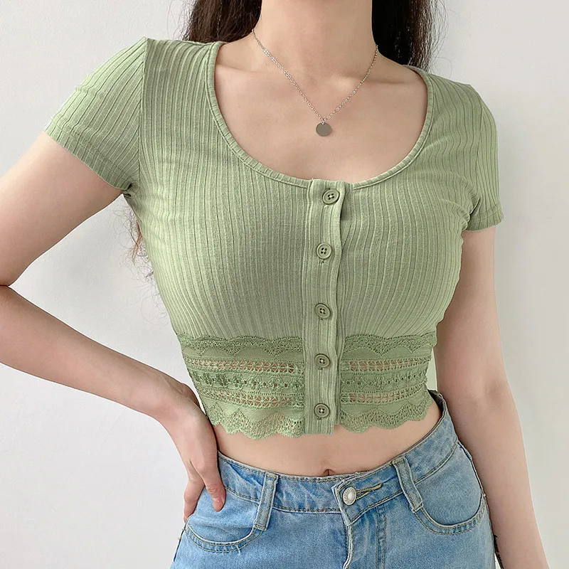 

Korean Style Ribbed Knit Cardigan Button Sexy Crop Top Women Short Sleeve T Shirts Fashion Green Summer Tops Women Clothes