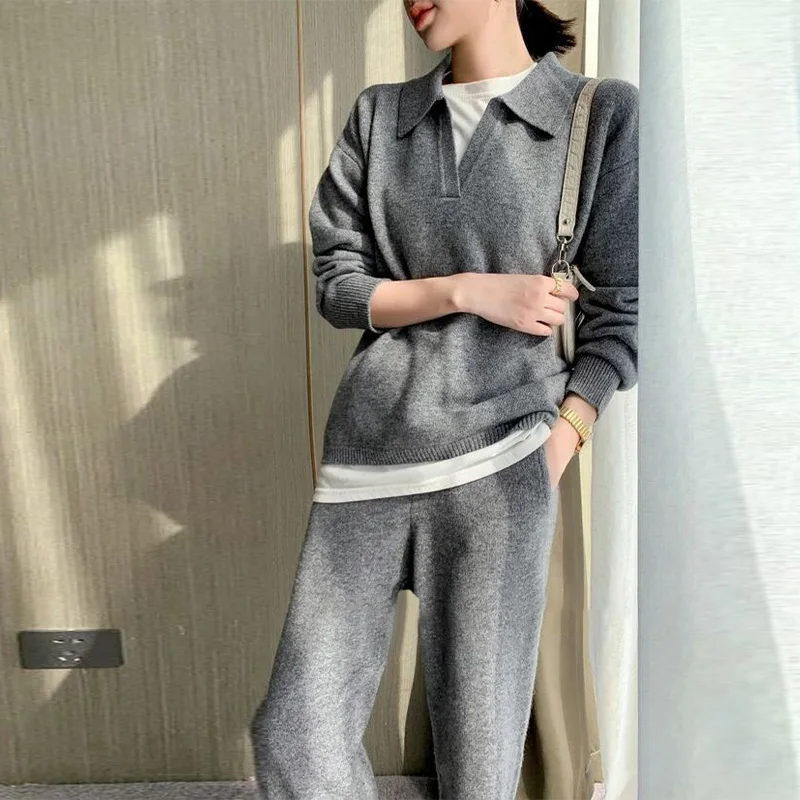 

Кашемировый вязаный женский костюм из пуловера, однотонный костюм с отложным воротником, свитер с длинным рукавом, повседневные Прямые брю...